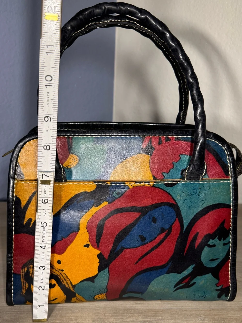 Patricia Nash Italian Leather Pop Art Satchel Handbag Colorful Faces - Picture 10 of 10